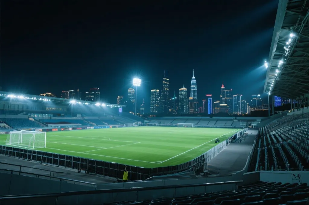 世界杯球场夜景与观赛时差概念画面